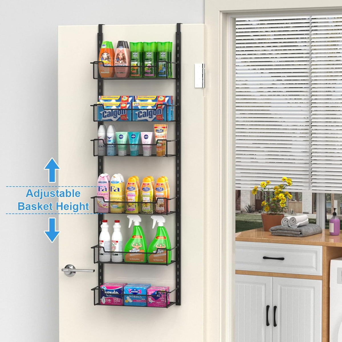 12.3" W Narrow Over the Door Pantry Organizer, 6-Tier Over the Door Organizer with Adjustable Basket, Pantry Door Organization for Pantry Kitchen Storage Room Spice Rack, Black