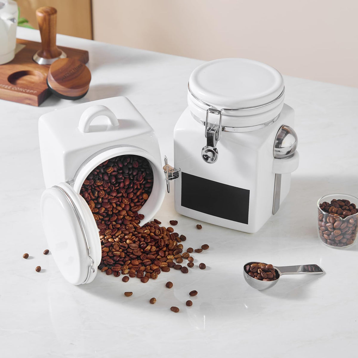 Ceramic Coffee Canister with Airtight Lid and Scoop, Large 78 Fl Oz / 2.3 L Kitchen Food Storage Container Jar for Grounds Coffee, Beans, Tea, Sugar, Flour, Cereal, Nuts, Cookie, White
