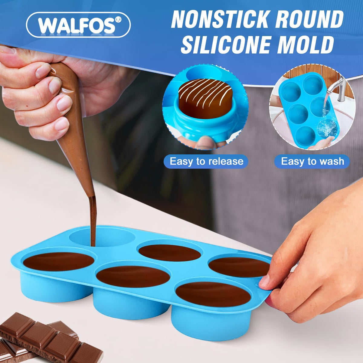 Walfos Oreo Molds Silicone, Non-Stick Round Chocolate Covered Oreos Mold for Candy, Cookies, Pudding, Soap, Jello, Set of 4 (Blue/Green)