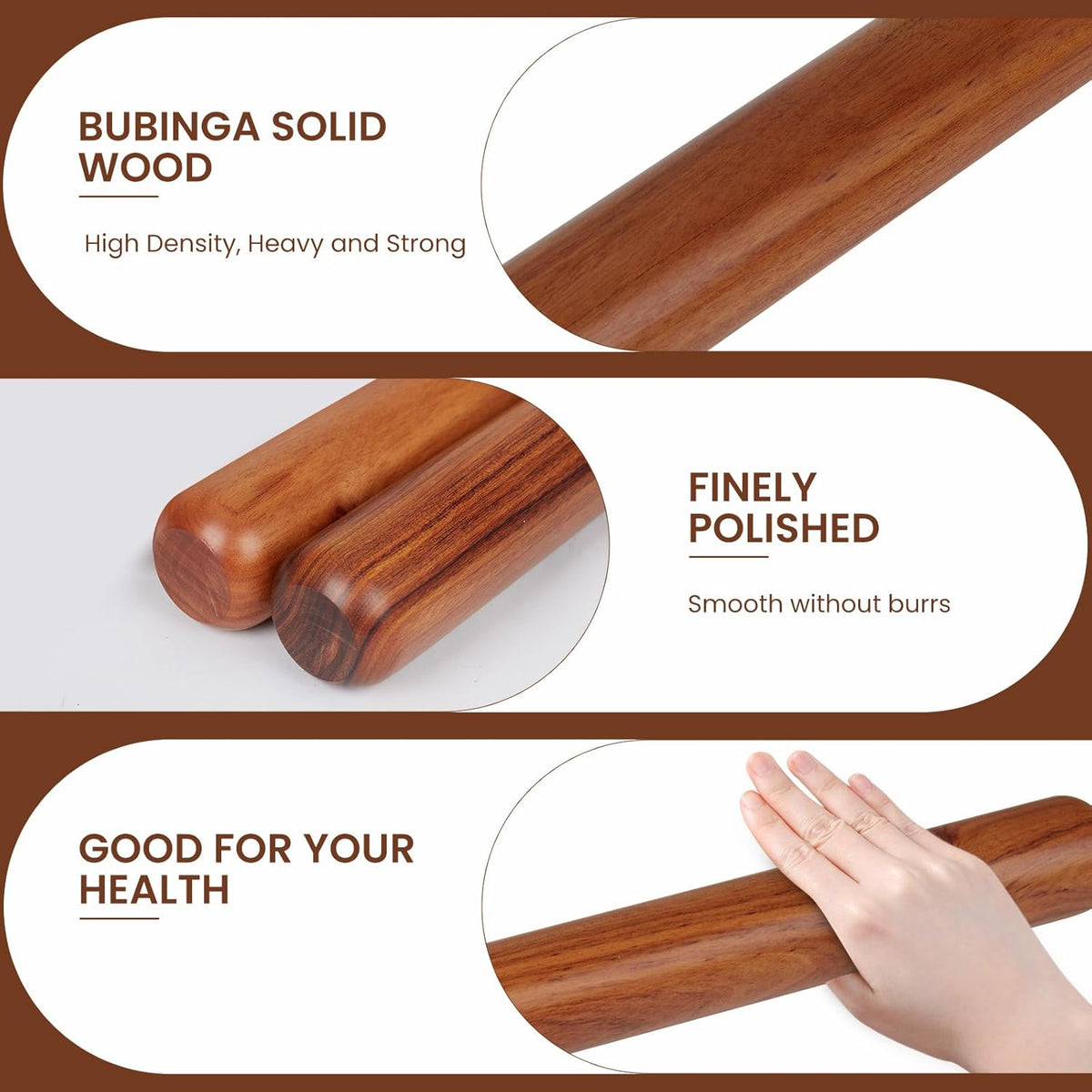 Natural Solid Bubinga Wood French Rolling Pin for Baking | Straight rod type | High-Density Professional Dough Roller (straight - 15.75‘L)
