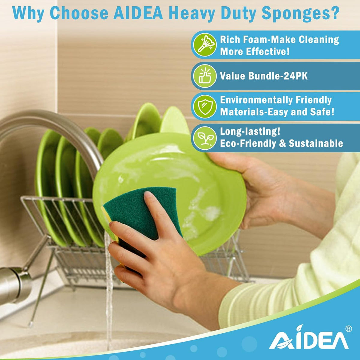 AIDEA Sponges Kitchen, 24 Pack Heavy Duty Dish Sponge, Cleaning Dish Scrubber Sponge for Home and Kitchen, Stink-Free Cleaning Supplies for Pots, Pans