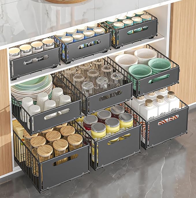 Pull Out Cabinet Organizer Slide Out Drawer Storage Shelves Cupboard Organiser Sliding Cabinet Basket for Kitchen No Drilling and Nailing (Black, 4Piece 9.8" W X15 D X 7.5" H)