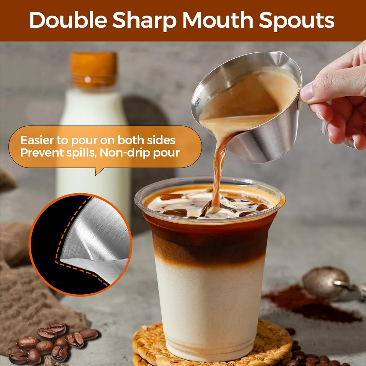 3Pcs Stainless Steel Espresso Cups, Double Spout Metal Espresso Measuring Cup with Handle, Dual Scale Espresso Pouring Cup with V-Shaped Mouth, 3.4oz/100ml (Silver)