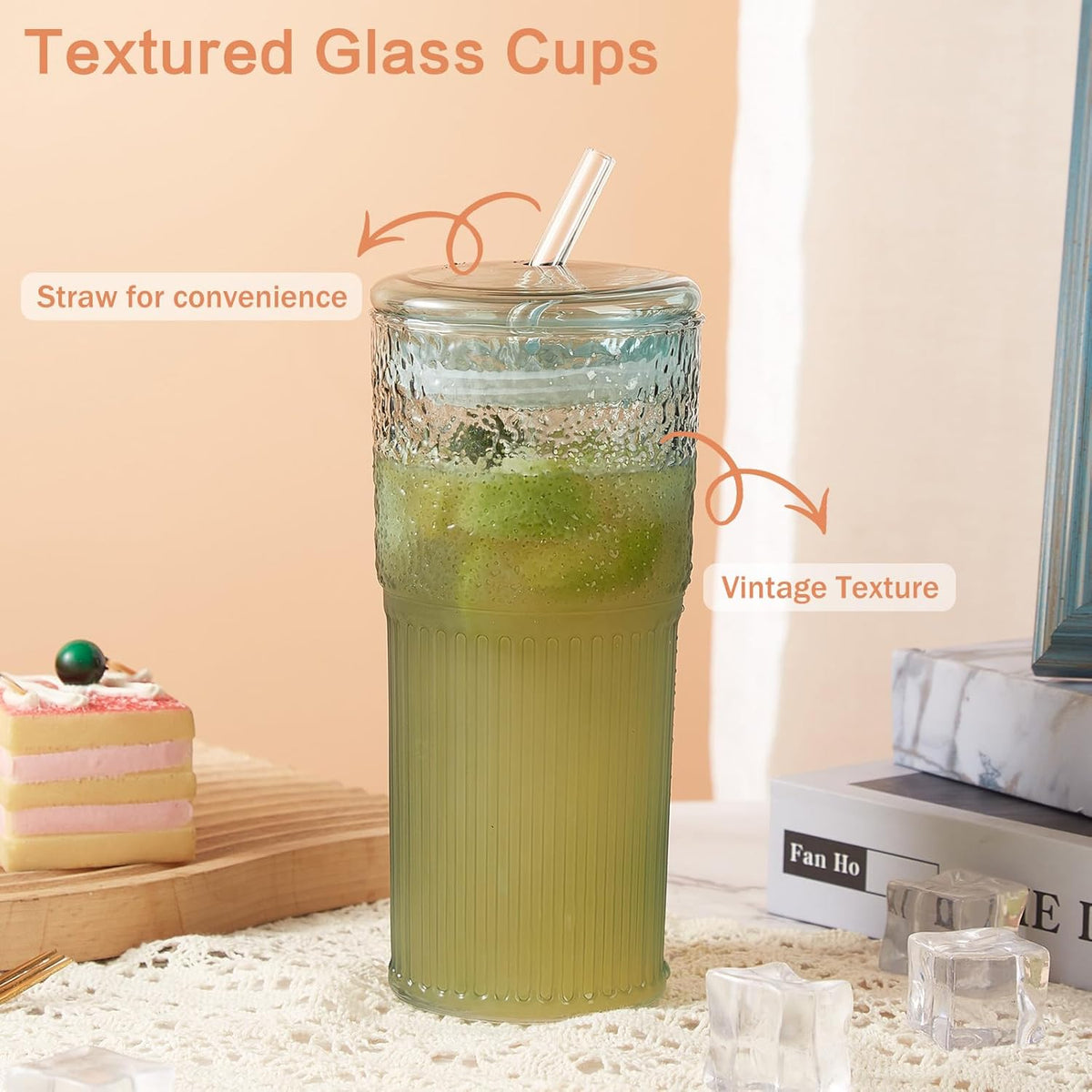 GOSCHE Glass Coffee Cups with Lids and Straws 20oz, High Borosilicate Drinking Jar Water Cups, Glass Tumbler for Tea Coffee Milkshake, Green, 2 Pcs
