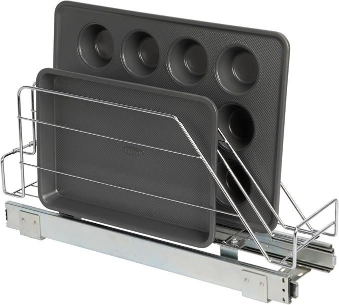 Household Essentials Glidez Multipurpose Chrome-Plated Steel Pull-Out/Slide-Out Storage Organizer for Cookware and Bakeware - Fits Standard Size Cabinet or Shelf, Chrome