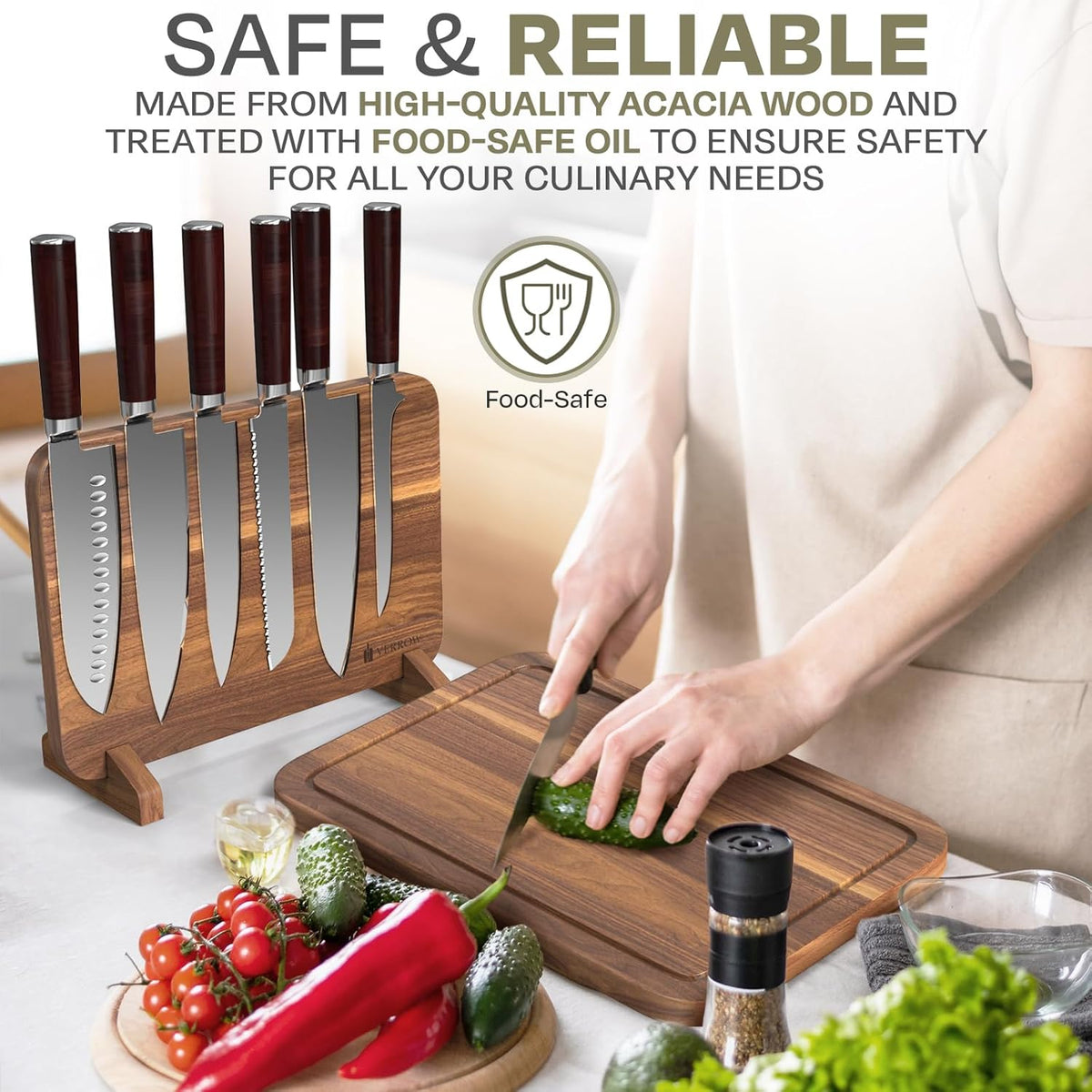 Magnetic Knife Block with Acacia Wood Cutting Board - Large 15.5x10.5x0.75In Magnetic Knife Block Set with Chopping Board Knife Holder Charcuterie Display Storage Organizer for Kitchen Counter