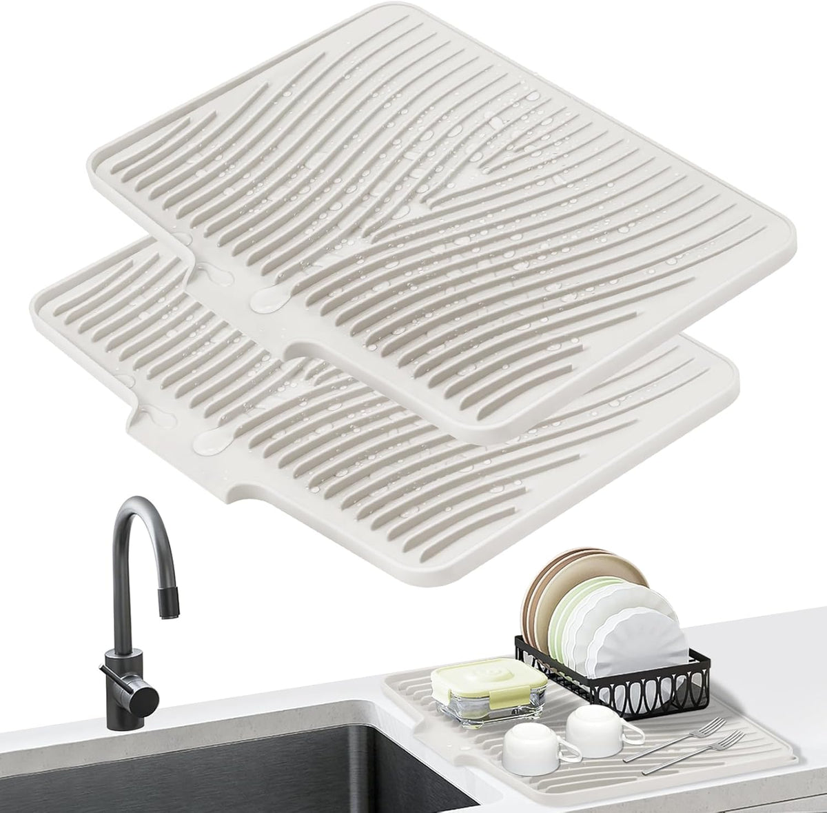 Dish Drying Mat, Stone Drying Mat for Kitchen Counter with Built-in Drain, Non-Slip Drying Matt Kitchen Counter, Heat Resistant Silicone Drying Mat, Dish Drying Pad, 2 Pcs (Cream 19.7" x 17")