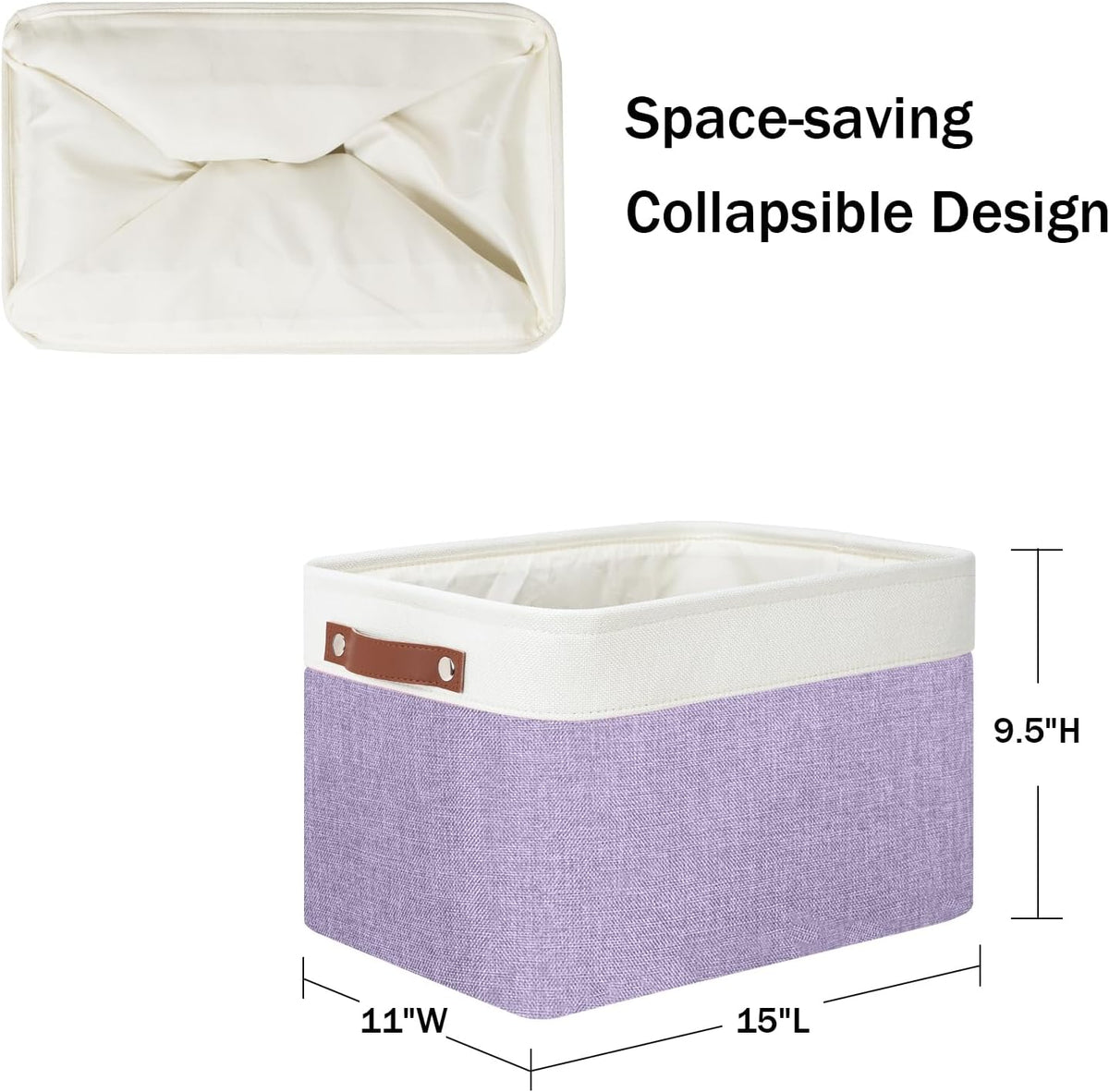 DULLEMELO Storage Baskets for Organizing, Shelves,Bedroom, Decorative Storage Bins with Leather Handles, Fabric Storage Basket for Office, Toys(3-Pack, White&Purple)