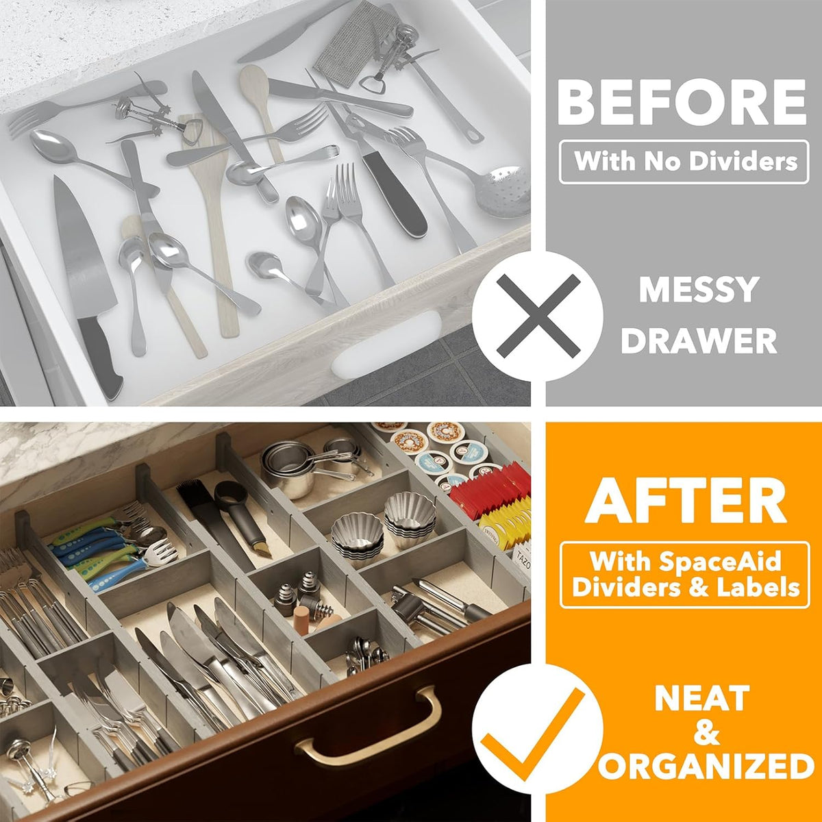 SpaceAid Bamboo Drawer Dividers with Inserts and Labels, Kitchen Adjustable Drawer Organizers, Expandable Organization for Home, Office, Dressers, 10 Dividers with 24 Inserts (17"-22" Gray)