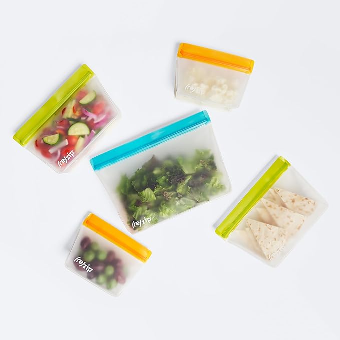 (re) zip 5-Piece Stand-Up Pack n Go Reusable Bag Kit, BPA-Free, Food Grade, Leakproof, Freezer and Dishwasher Safe, Quart (1), 2-Cup (2), Snack (2) - Aqua