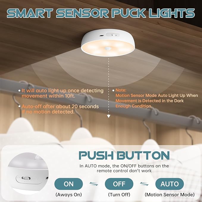3 Colors Temperatures LED Closet Light Wireless Motion Sensor Step Light Compatible with Charging Station, USB Rechargeable Battery Operated Puck Light with Remote (1 Pack)