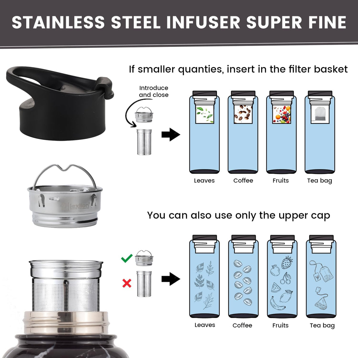 Lexlion 32 Oz Triple Walled Insulated Stainless Steel Tea Infuser Bottle, Fruit Infuser, Leakproof, Sweatproof