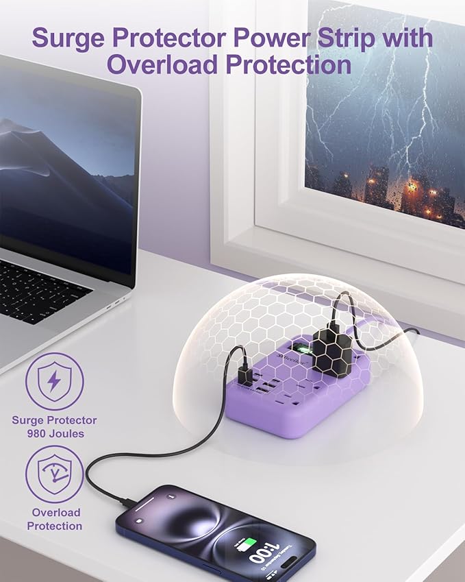 6 USB(2 USB C) Purple Surge Protector Power Strip- 10 Ft Purple Extension Cord with 24W USB Charging Station and 4 Outlets, Pink Desk Accessories for Cute Kawaii Lavender Travel Dorm Room