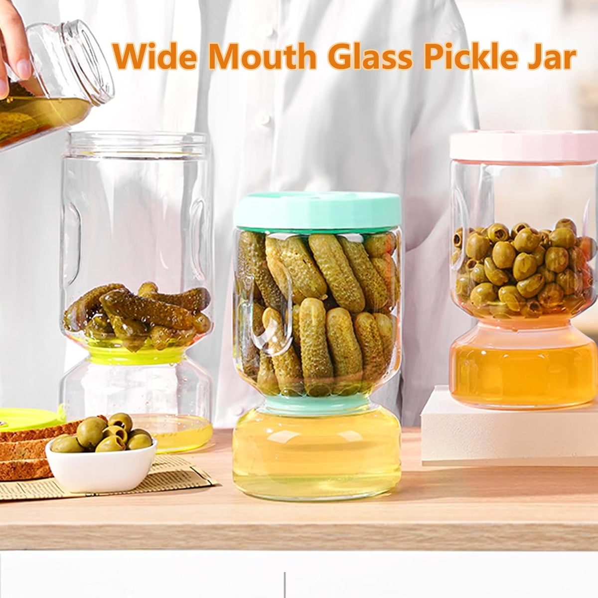 ZENS Pickle Jar with Strainer Flip, 51oz Pickle Container Pickle Juice Separator Hourglass Jar for Olive Keeper, Leakproof Pickle Holder Jars for Pickling Dill Sliced, Gherkin Storage, Gifts for Mom
