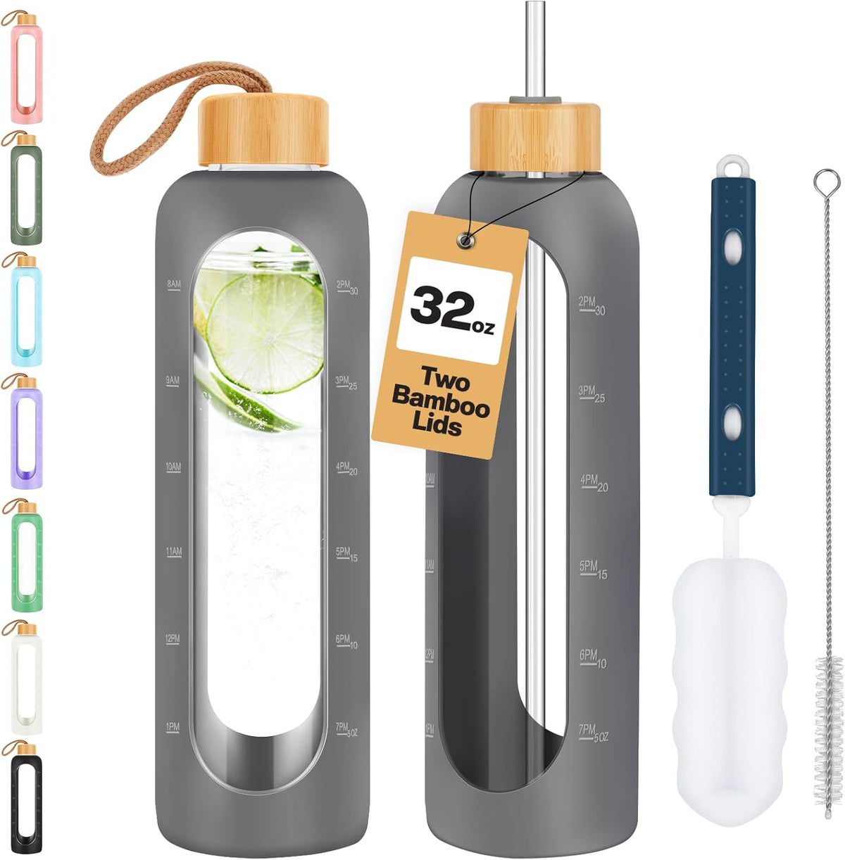 Glass Water Bottles 32 oz - Motivational Drinking Glass Water Bottle with Silicone Sleeve, Straw & 2 Bamboo Lids - 1 Liter Clear Borosilicate Daily Intake Tumbler with Time Marker - Grey