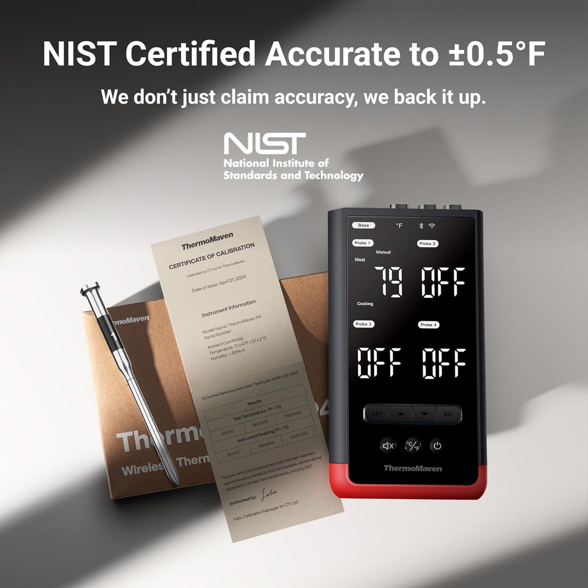 Smart Bluetooth Wireless Meat Thermometer: Standalone Base, WiFi Unlimited Range, 6 Sensors with NIST Certified Accuracy, 4 Probes for Kitchen, BBQ, Grill, Oven, Smoker, Rotisserie
