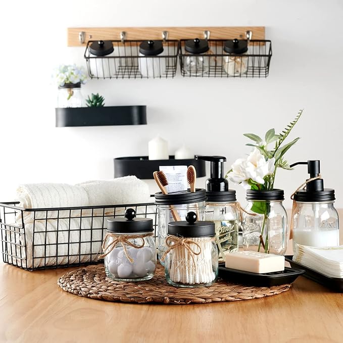 SheeChung 6Pcs Mason Jars Bathroom Accessories Set Complete - Toothbrush Holder, Lotion Soap Dispenser, 2 Mason Jars, Soap Dish, Toilet Paper Basket, Rustic Farmhouse Decor (Black, 6Pcs Bathroom Set)