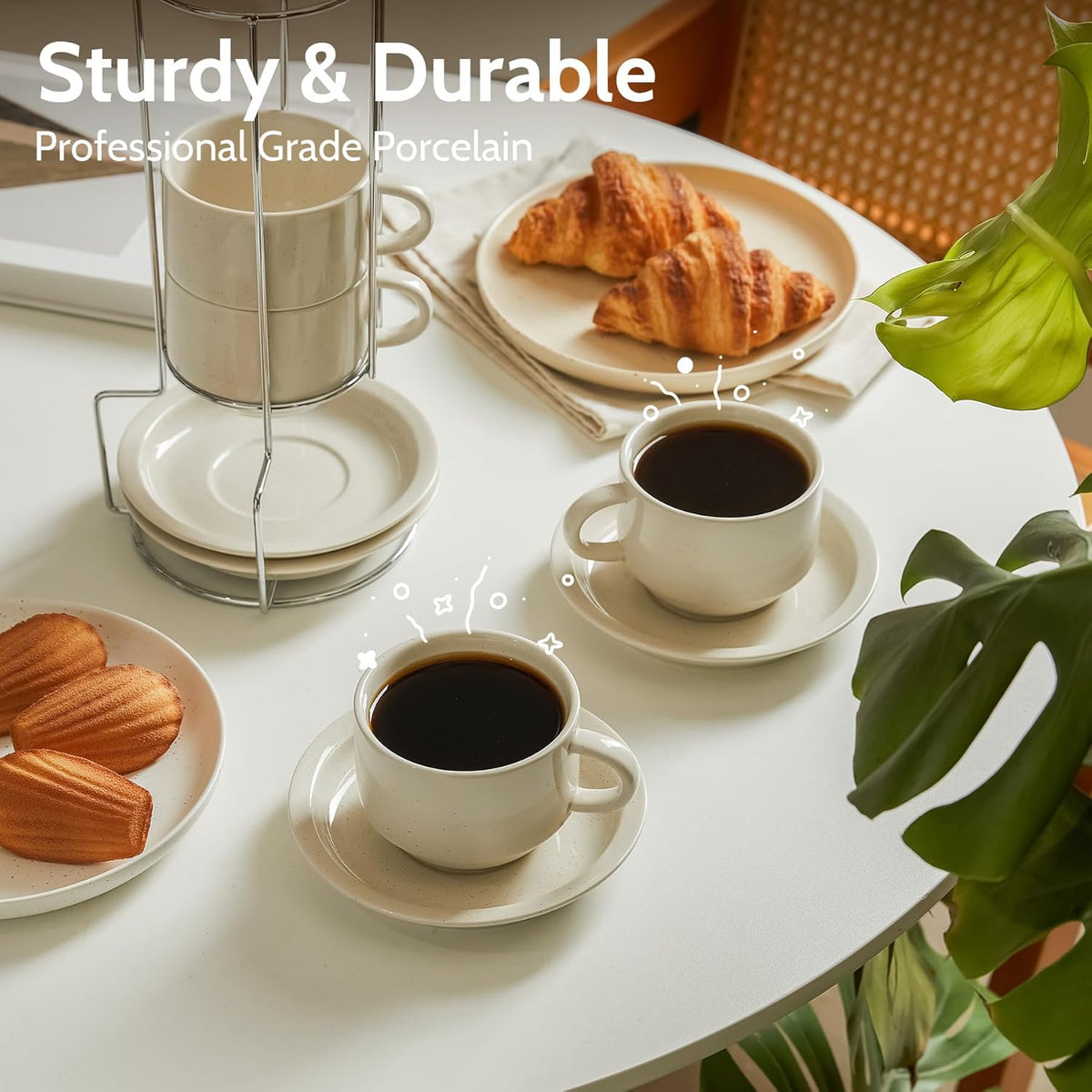 Sweese Porcelain Cappuccino Cups Set - 8 oz Stackable Coffee Mugs with Saucers, Metal Stand, Dove Grey, Set of 4