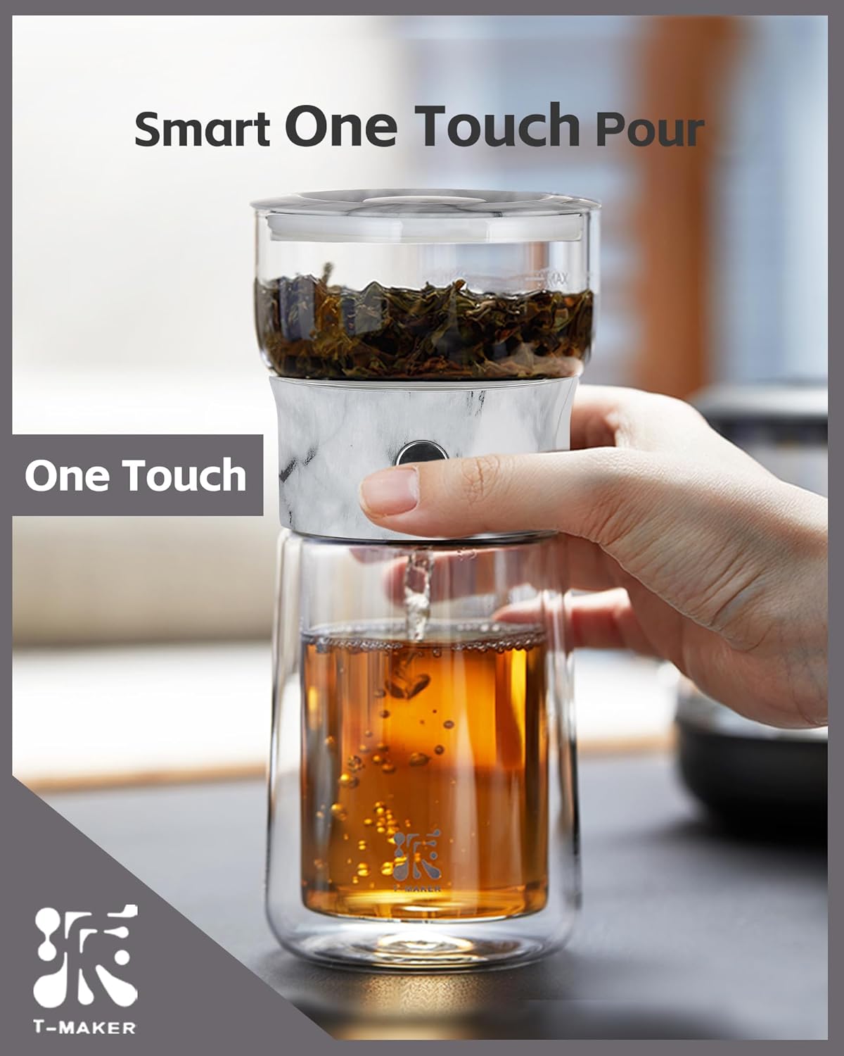 ZENS Modern One Touch Tea Maker, Glass Teapot with Infuser for Loose Leaf Tea Diffusers, Mess-Free Smart Pouring with Insulated Mug and Portable Tea Kits for Tea Lover Gifts