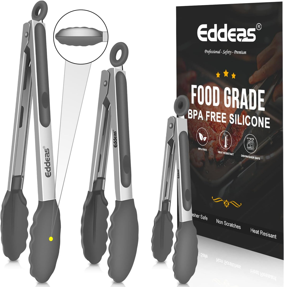 Kitchen Tongs with Silicone Tips - Heat Resistant 600 Degrees Stainless Steel Locking Cooking Tongs with Rubber Tips, Non-Stick Food Tongs for Cooking, Heavy Duty, Set of 3-7" 9" and 12" Grey