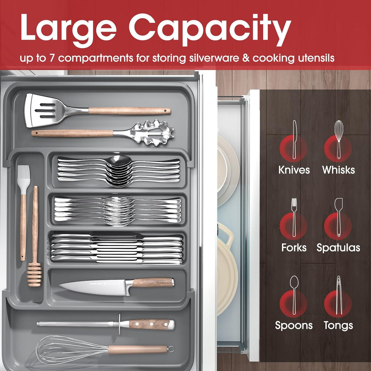 Aujen Silverware Organizer - Expandable Kitchen Drawer Organizer, Adjustable Utensil Organizer, Cutlery Tray for Forks, Knives, Multipurpose Kitchen Organizers and Storage Solution, Grey, Medium