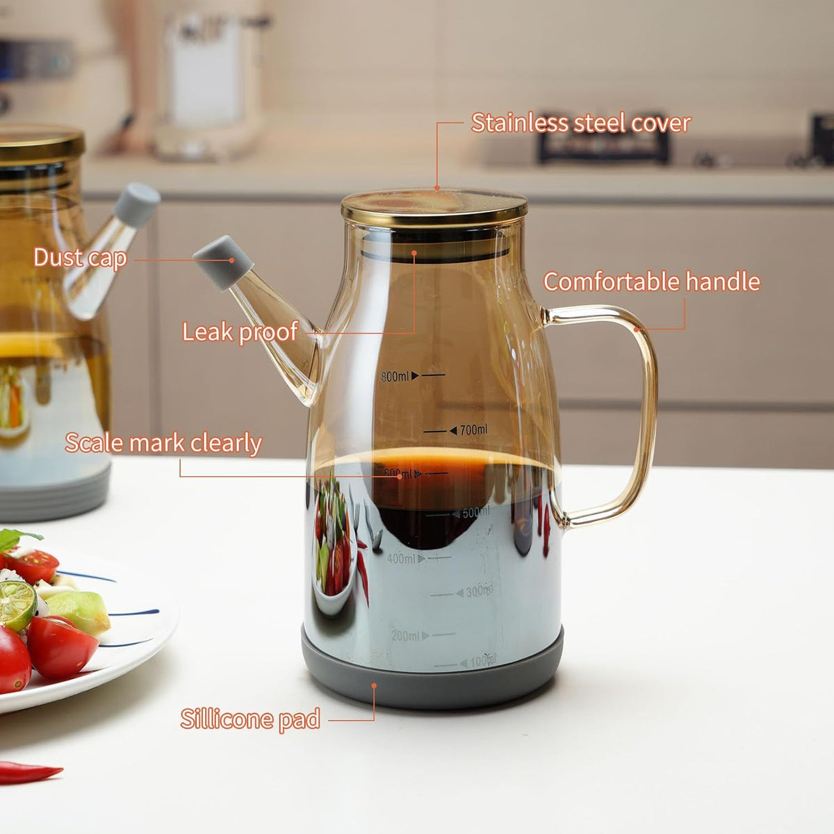 Large Glass Oil Dispenser Bottle for Kitchen Cooking Recipiente Para Aceite De Cocina Olive Oil Vinegar Dispenser Cruet Stainless Steel Lid No Drip Liquid Container (Champagne, 27oz / 800ml)