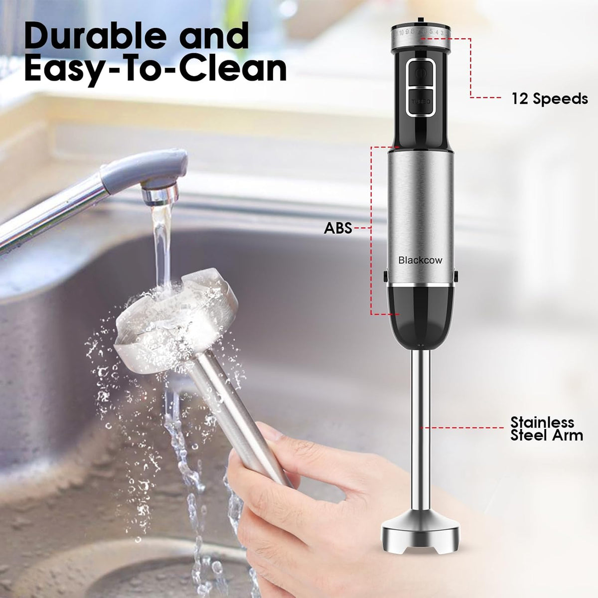 Immersion Blender Handheld, 800W Powerful Electric Hand Blender with Titanium Alloy Blades, 12 Speeds & Turbo, Electric Hand Mixer for Smoothies, Soups, Baby Food and Purees