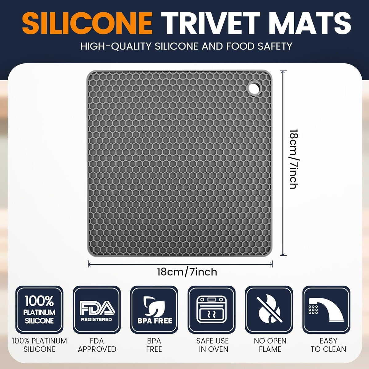 Silicone Trivet Mats 4 Heat Resistant Pot Holders Multipurpose Non-Slip Hot Pads for Kitchen Potholders, Drying mat, Jar Opener, Spoon Holder, Coaster.(Grey)