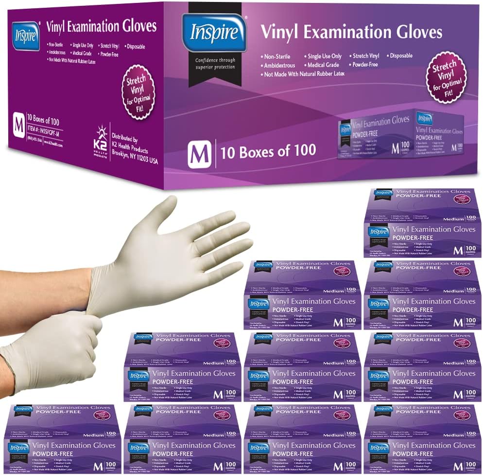 Inspire Stretch Vinyl Exam Gloves | THE ORIGINAL Quality Disposable Latex Free Medical Glove Cleaning Cooking Food Service Labs Healthcare and Household, Medium 1000 Count