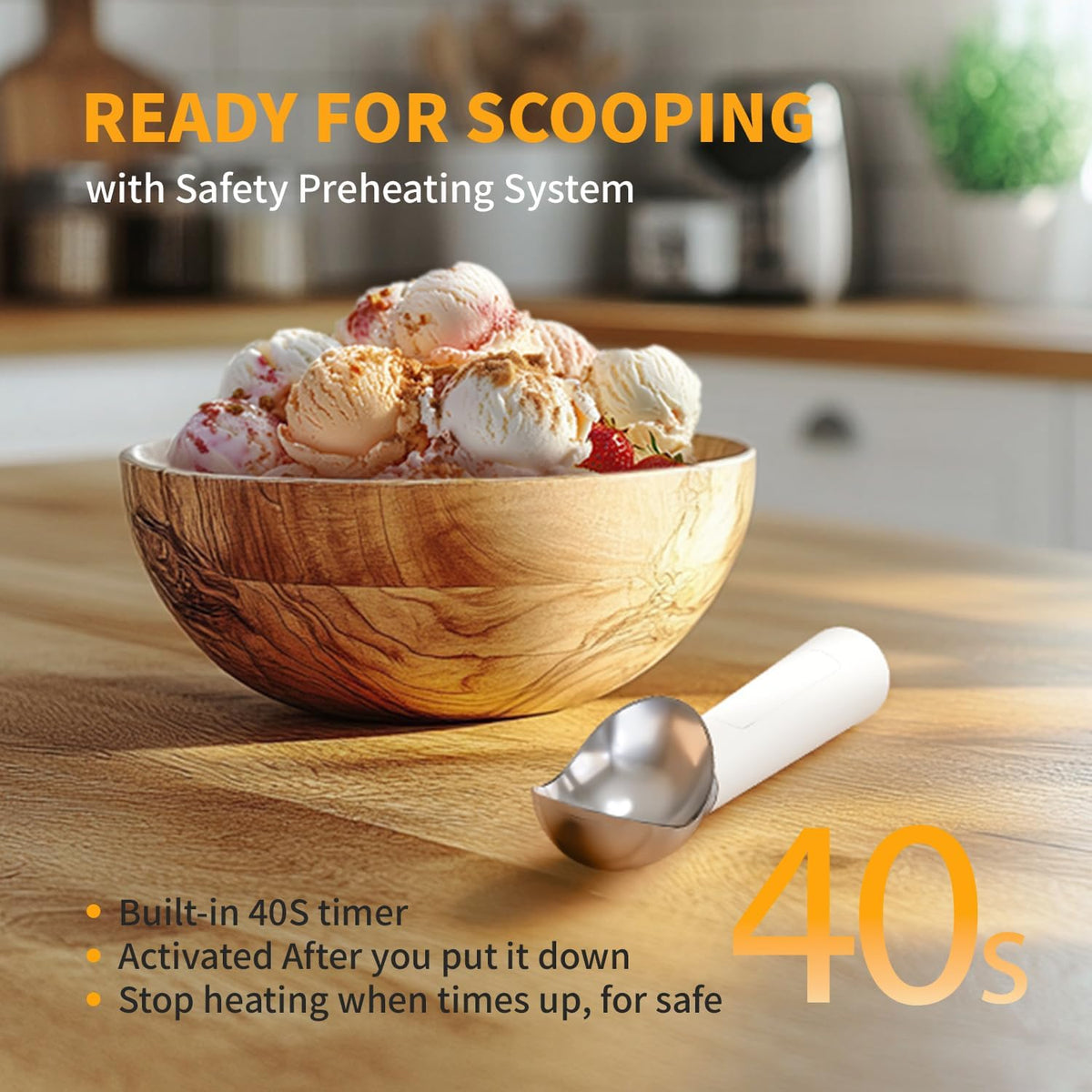 Heated Ice Cream Scoop, Rechargeable Electric Scooper for Hard IceCream, Self Warming Spoon Max to 158℉, Rust-Proof, anti freeze handle, Easy to Clean