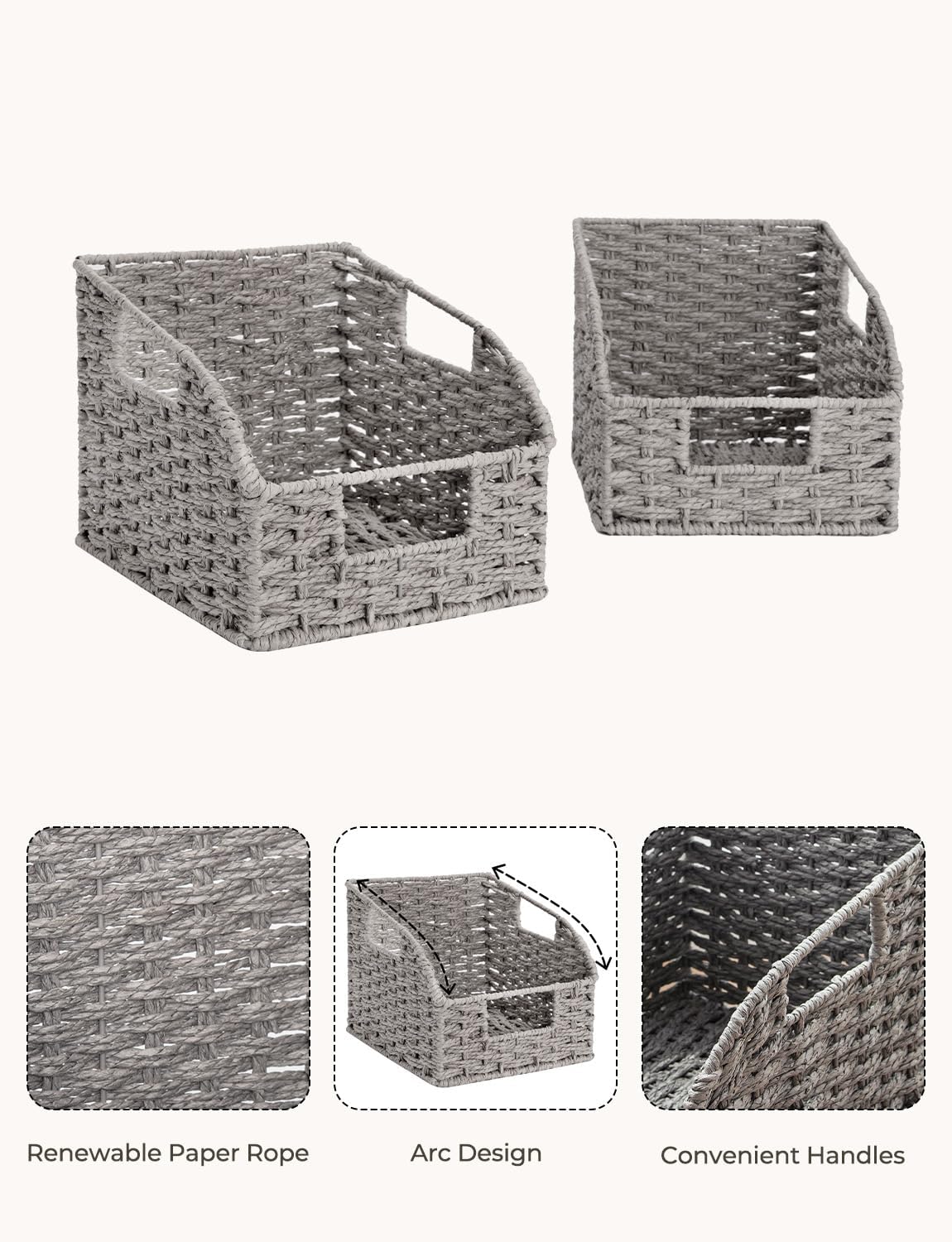 StorageWorks Wicker Baskets for Organizing, Pantry Organizers and Storage, Round Paper Rope Storage Basket for Pantry Shelves, Kitchen Counter, Gray, 2 Pack