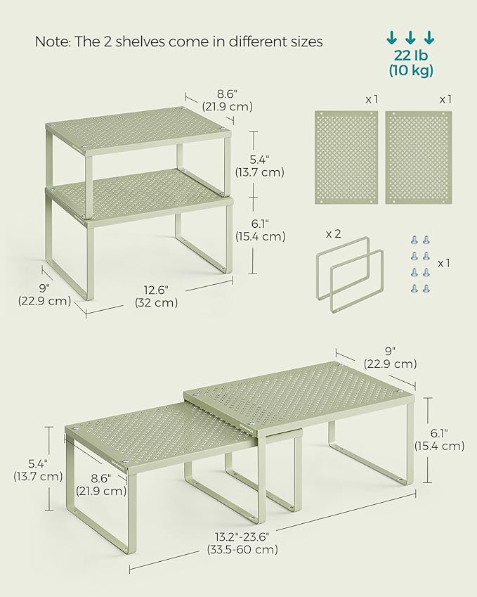 SONGMICS Spice Racks, Set of 2 Metal Cabinet Shelf Organizers, Countertop Organizers, Shelf Risers, Stackable, Expandable, Sage Green UKCS001C01