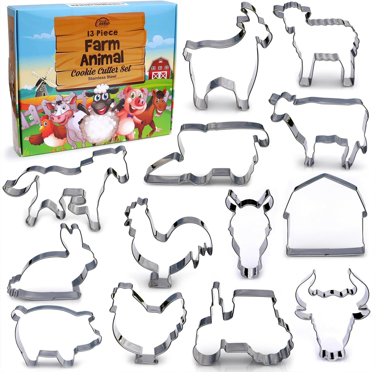 Farm Animal Cookie Cutter Set, 13 Piece Set, Premium Food Grade Stainless Steel, Dishwasher Safe