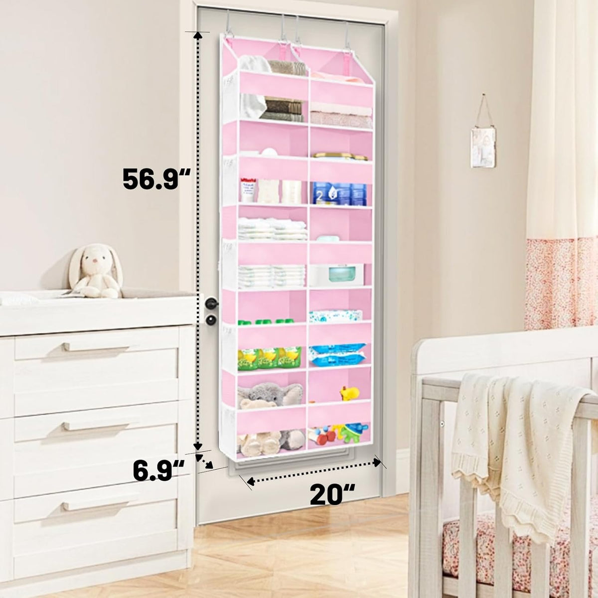 Pink Over The Door Organizer 5 Tiers, Extra Large Behind Door Storage of 10 Compartments, 50 lbs Weight Capacity Over The Door Storage for Closet, Diaper Organizer
