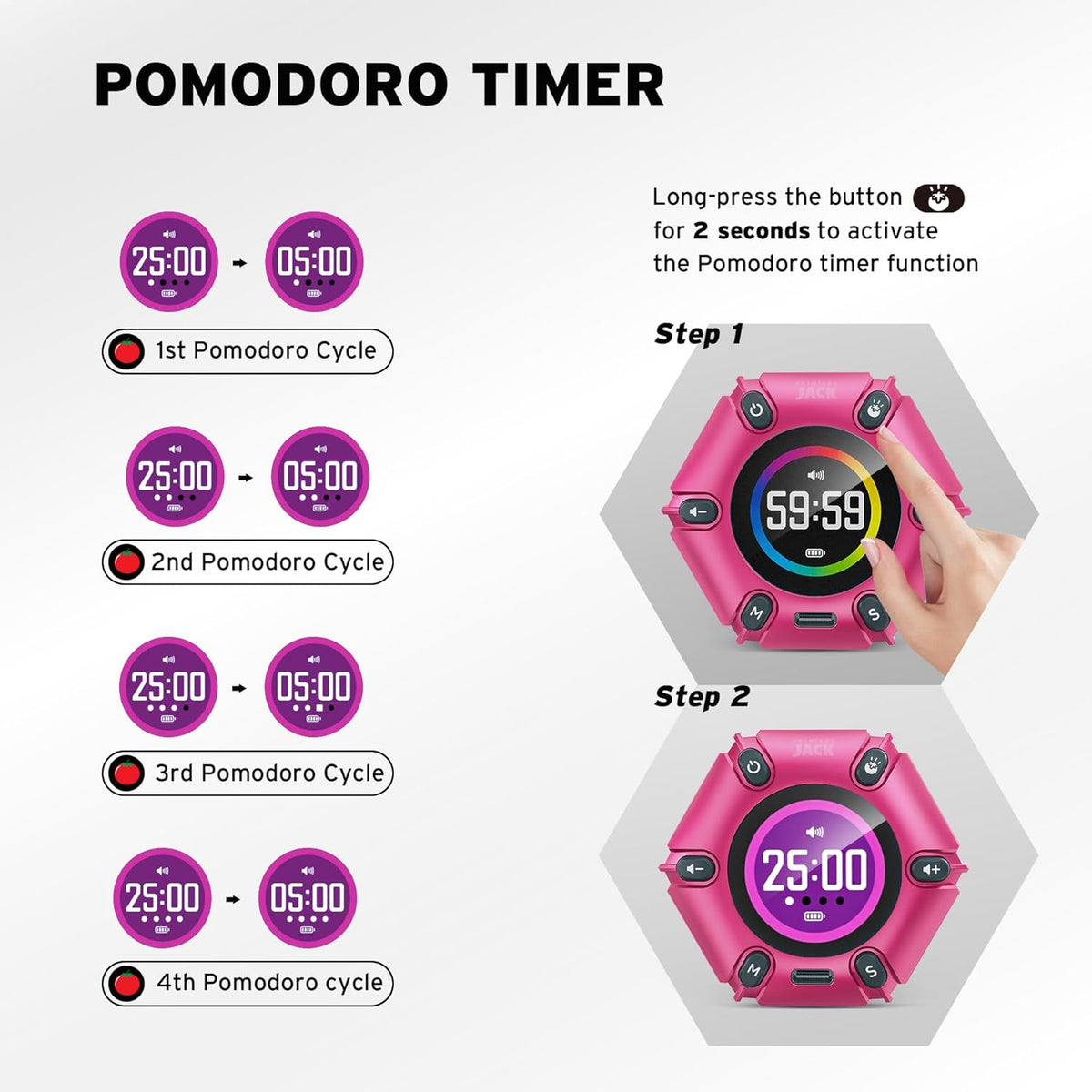 Printers Jack, Visual Pomodoro Timer, Productivity Cube Timer, Mute & Vibration & Adjustable Sound Alert, for Office, ADHD, Study, Work, 3/5/10/25/30/60min & Custom Countdown - Hot Pink
