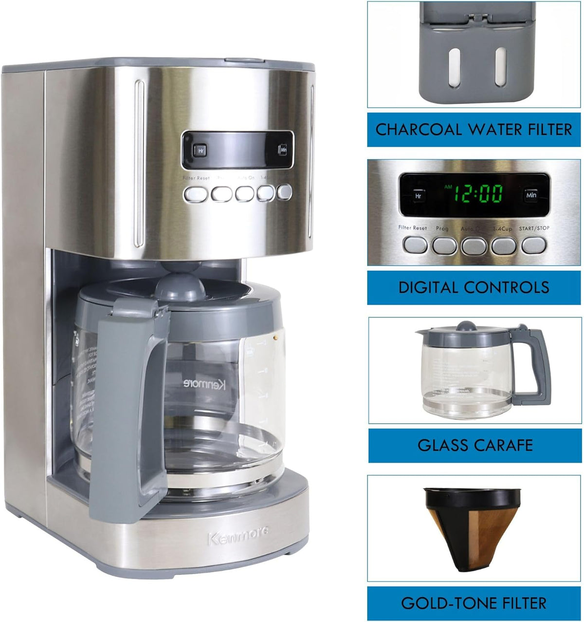Kenmore Drip Coffee Maker - Programmable Cafe Machine With Glass Pot, Regular & Bold Brew, Auto Shut Off Large Water Reservoir, Reusable Filter, Kitchen Appliances For Cafeteria Barista, 12 Cup, White