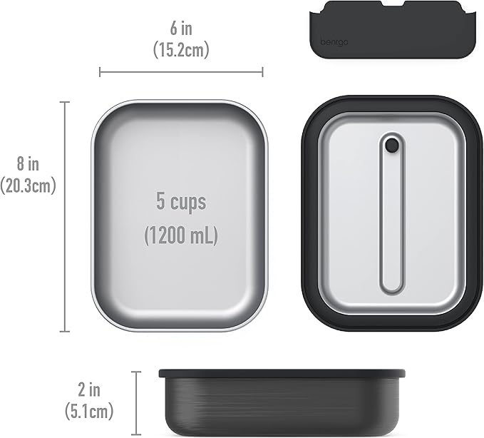 Bentgo MicroSteel Leak-Proof Lunch Box - Microwave-Safe, Oven-Safe, Bento-Style Container with Removable Divider, Airtight Lid, Sustainable Design, Odor & Stain Resistant (Carbon Black)