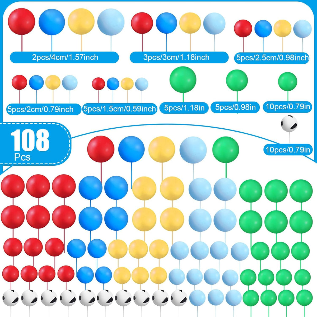 108 Pcs Balls Cake Topper DIY Cupcake Insert Foam Balloons for Cake Baking Wedding Anniversary Birthday Decoration(Green,Blue,Yellow,Red,Cow Color,Multi Sizes)