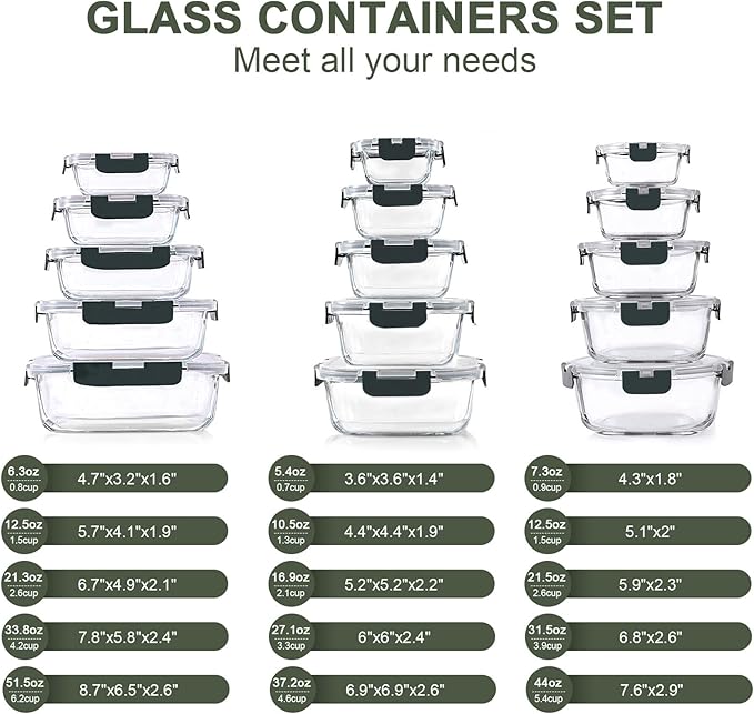 KOMUEE 30 Pieces Glass Food Storage Containers Set, Glass Meal Prep Containers Set with Snap Locking Lids, Airtight lunch Containers for Microwave, Oven, Freezer & Dishwasher,Gray