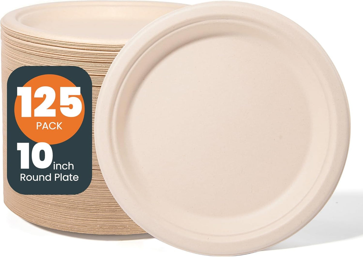 100% Compostable Plates - 125-Count Heavy Duty, Biodegradable Bagasse Plates - Eco Friendly and Sustainable (Natural, 10 inch)