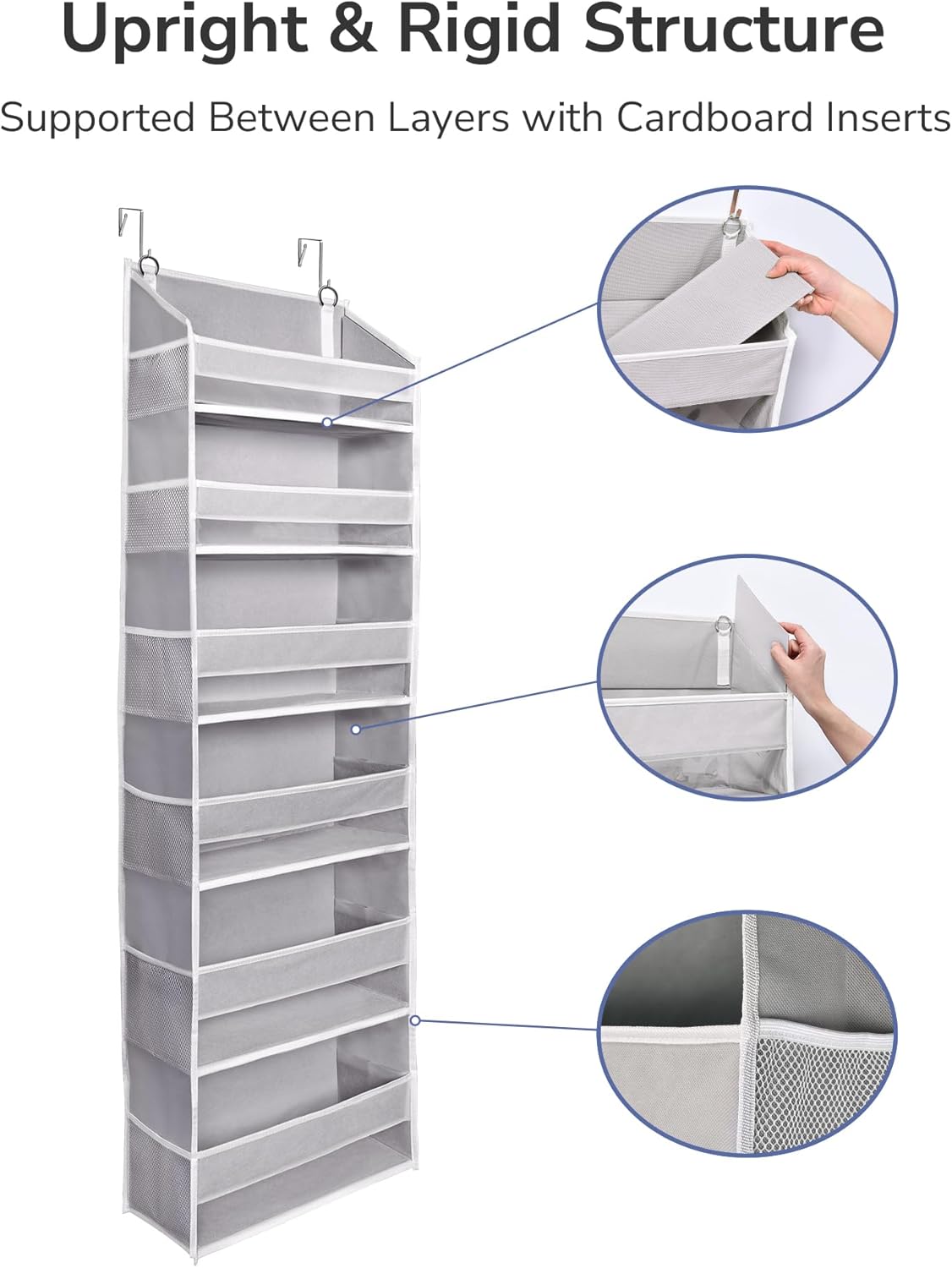 ULG Over The Door Organizer with 6 Large Pockets 12 Side Pockets, 50lbs Weight Capacity Door Hanging Organizer for Bedroom, Bathroom, Pantry, Nursery Storage, Gray