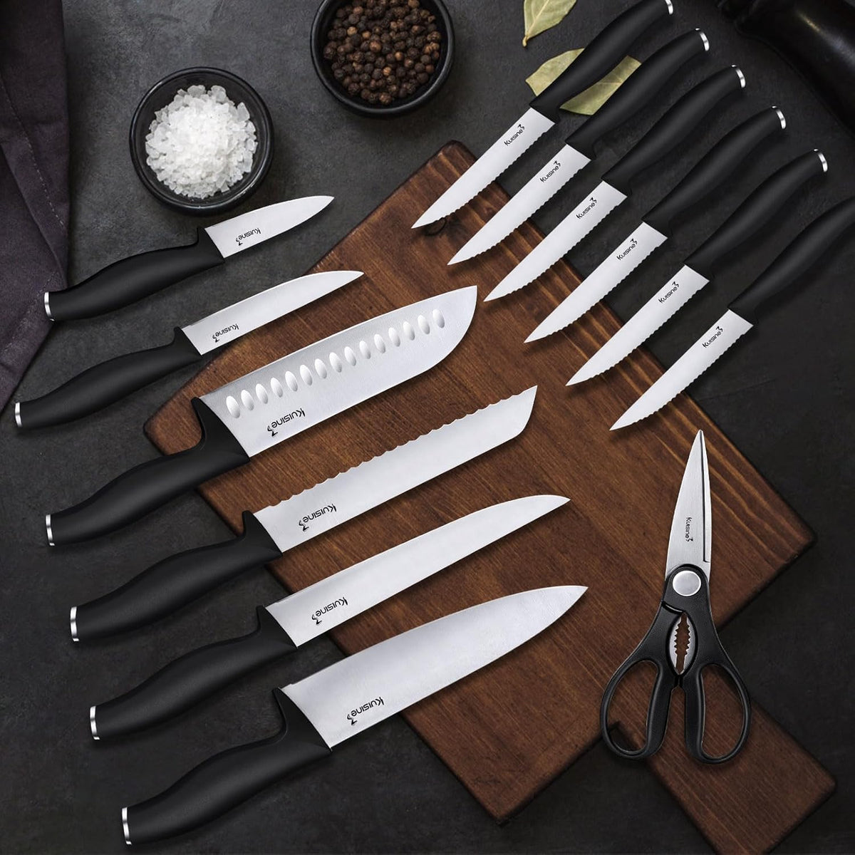 Kuisine Kitchen Chef Knife Block Set,High Carbon Stainless Steel Sharp Knife Set with Built-in Sharpener,Elegant Gift(Black,15pcs)