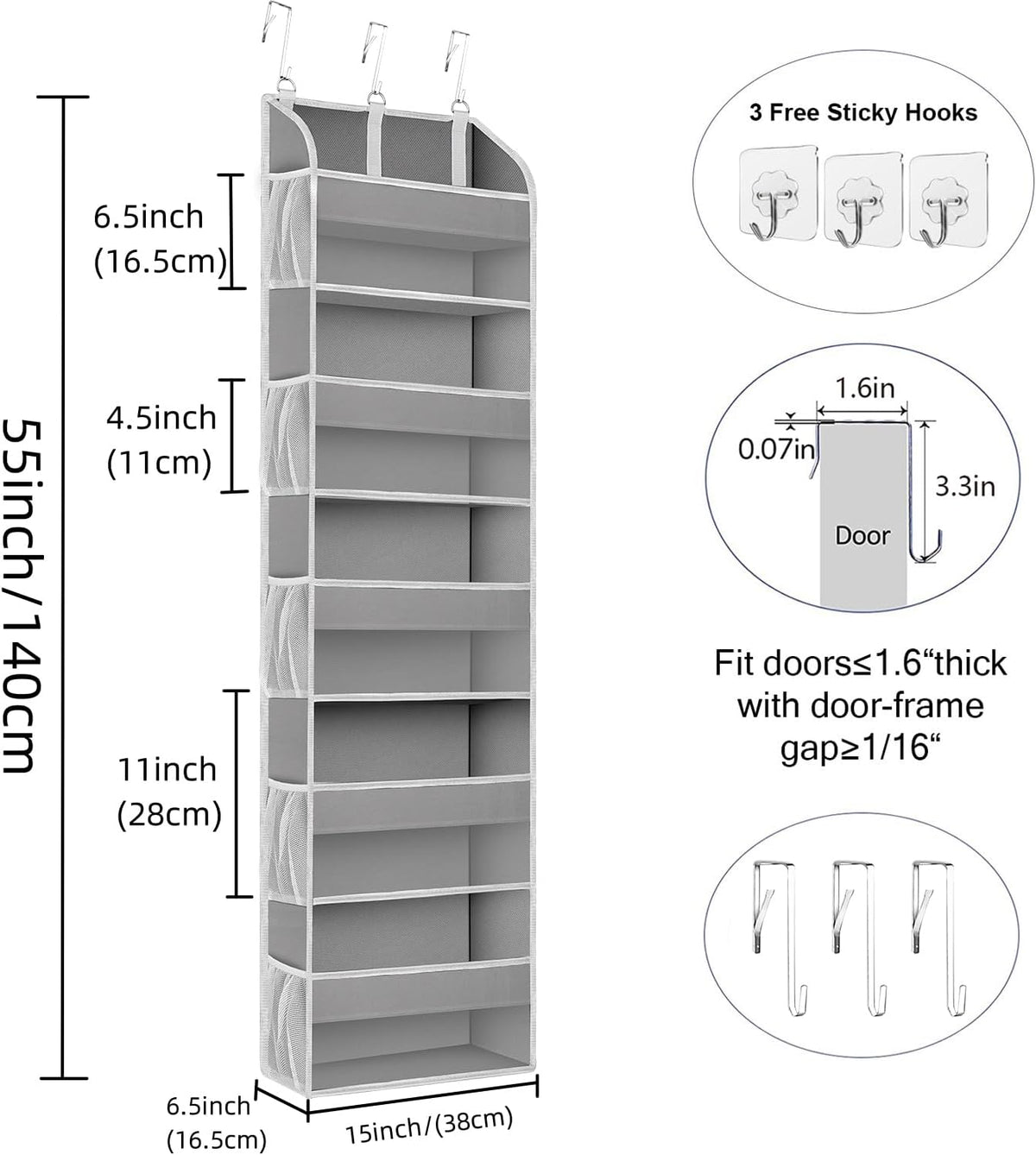 2 Pack Over The Door Storage Organizer with 5 Pockets 10 Mesh Side Pockets, 44 lbs Weight Capacity Door Hanging Organizers and Storage for Bedroom,Bathroom,Nursery,Pantry,Dorm(Light Gray)