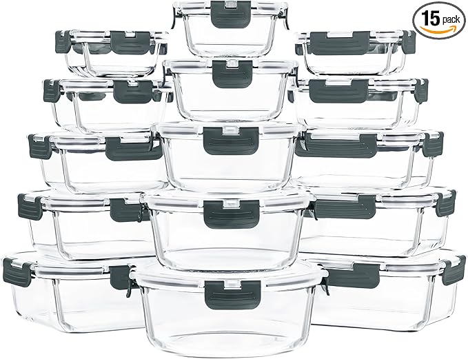 Skroam 15 Pack Glass Food Storage Containers with Lids Airtight, Glass Meal Prep Containers, Lunch Containers with Lids for Microwave, Oven, Freezer and Dishwasher Safe
