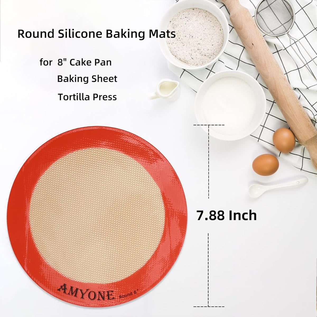Round Silicone Baking Mats for 8 Inch Cake Pan, Food Grade, Non-Stick, Reusable Silicone Mat for Baking Pan for Bread/Tortilla/Macaron/Pastry/Pie/Bun or 9 Inch Pizza Pan, 2PCS