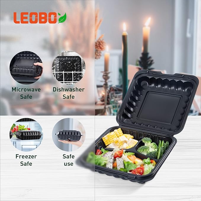 Food Containers Mineral Filled PP Plastic - 55 Pack 34oz 8 Inch | Shrink Wrap BPA Free Lunch Boxes | Freezer & Microwave Safe for Meal Prep | Black 3 Compartment Disposable Takeout Container