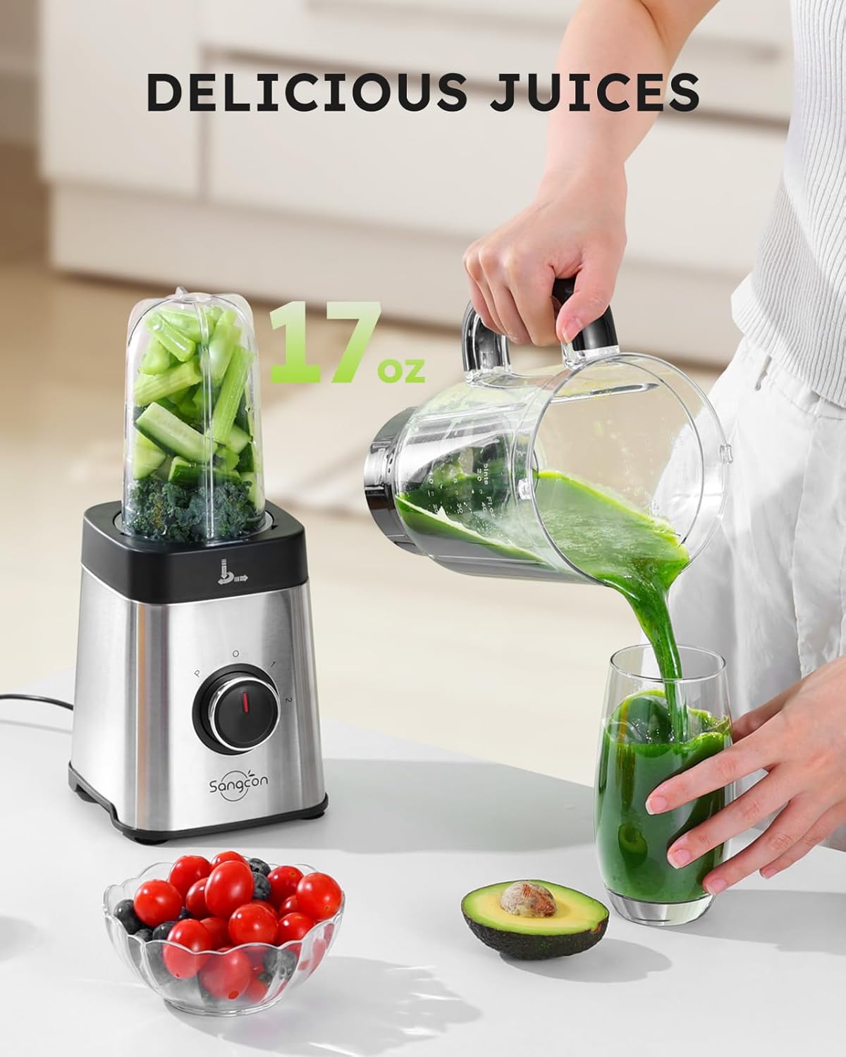 Sangcon Blenders for Kitchen - Smoothie Blender - Personal Blender Combo for Kitchen, Blender for Shakes and Smoothies, Grinding & more, 40 oz Jar & 17oz Cup with To-Go Lid