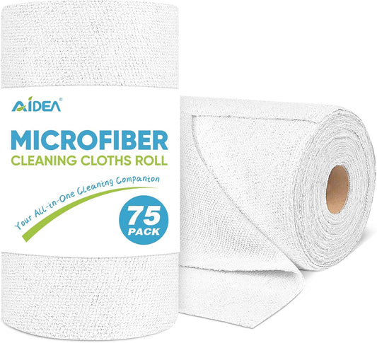 AIDEA Microfiber Cleaning Cloth Roll White, 75PK, Microfiber Towels for Cars, Tear Away Reusable Paper Towels, Commercial Shop Rags, Lint Free Rags for House, Kitchen, Automotive, 11.5"×11.5"