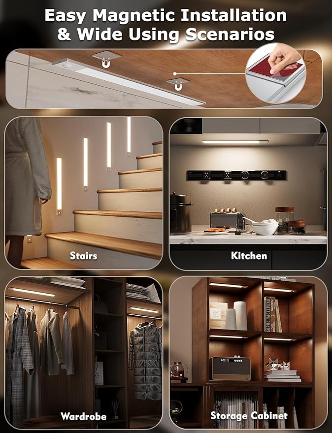 16" Ultra-Thin Under Cabinet Lighting Wireless, Aluminum Alloy Under Counter Lights for Kitchen, 3-Color-Temps Magnetic Closet Lights, Rechargeable Motion Sensor Light Indoor (6 Pack, Silver)
