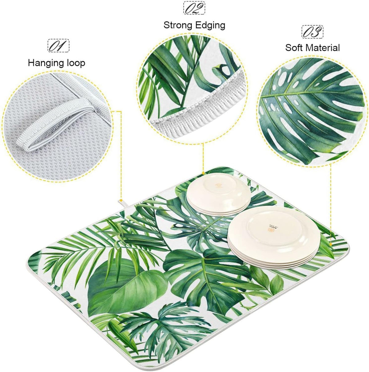 Tropical Palm Leaves Dish Drying Mat for Kitchen Counter Green Monstera Leaf Absorbent Microfiber Drying Pad, Medium 16x18 in, Reversible Drainer Mats